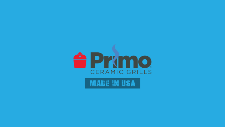 The Primo Kamados logo on a sky blue background