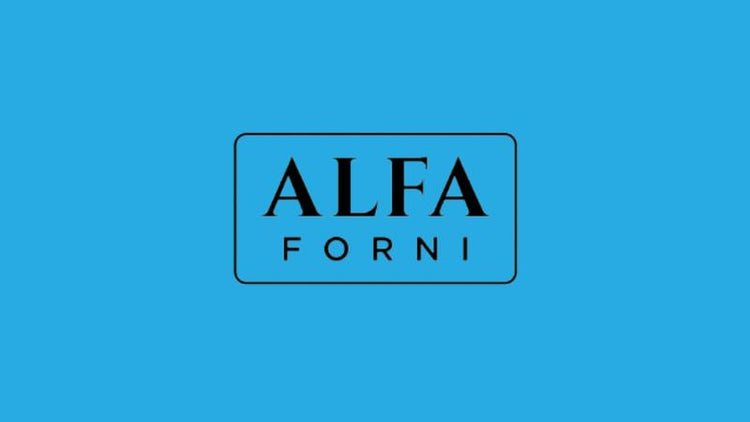 The ALFA FORNI pizza ovens logo on a sky blue background