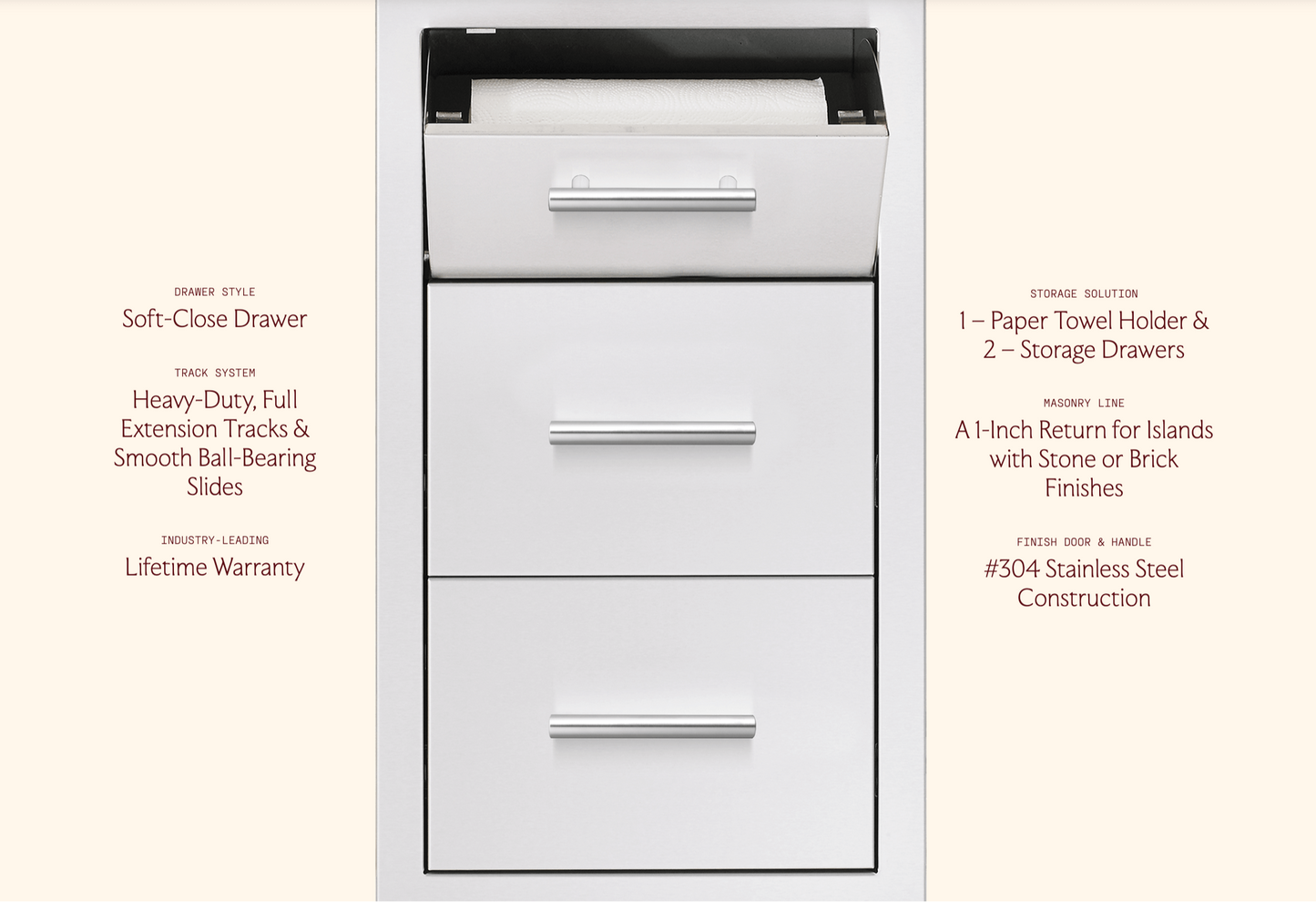 SUMMERSET™ 17″ Vertical 2-Drawer & Paper Towel Holder Combo with Masonry Frame